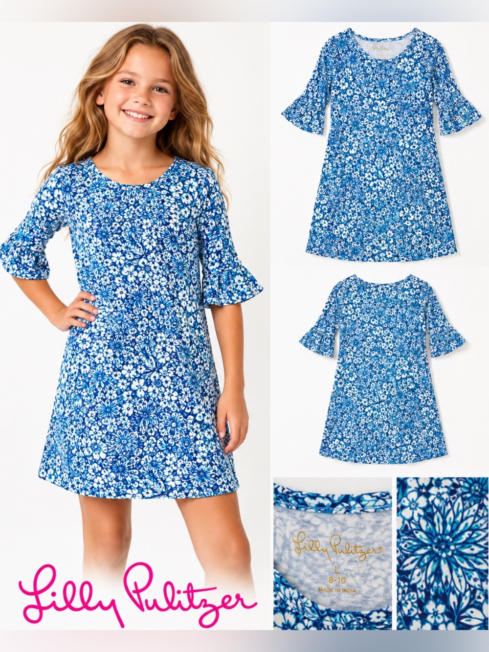 Lilly Pulitzer Girls Blue Floral Cotton Dress Size 8-10